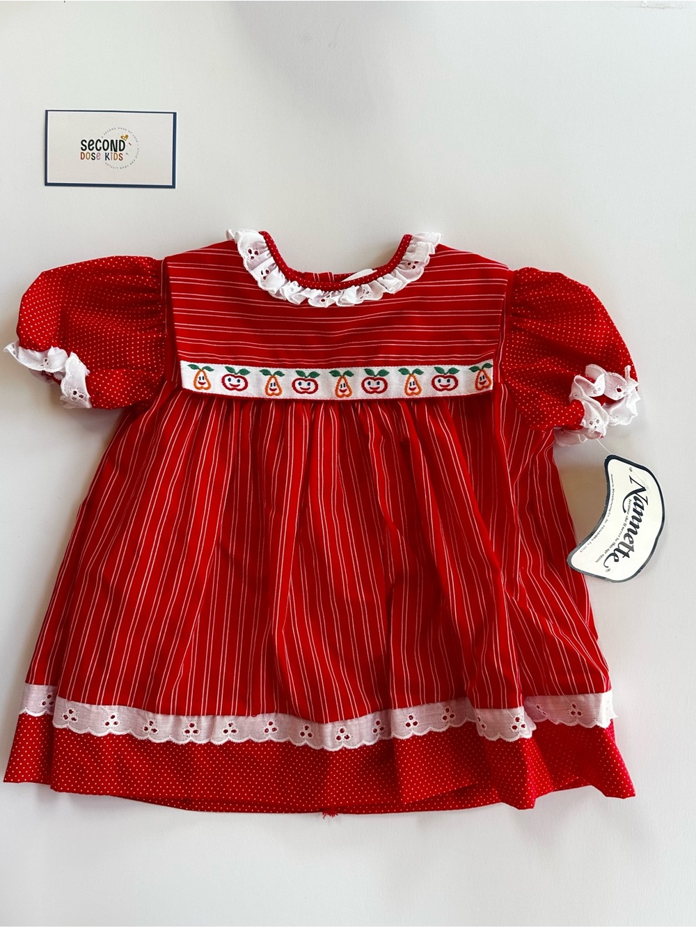 Red Smocked Dress with Apple Embroidery